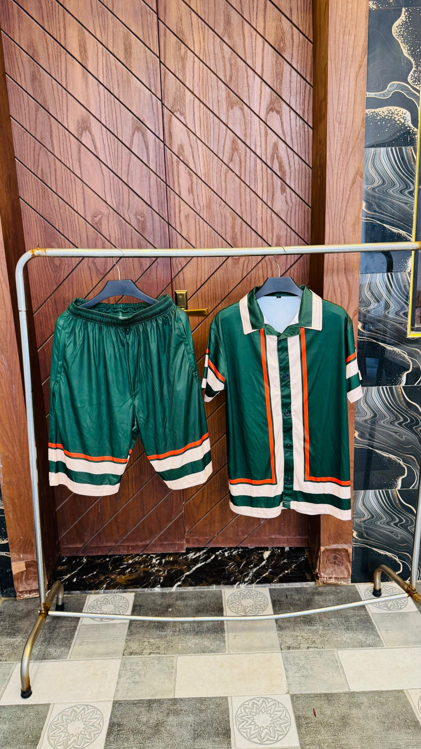 Green Stripe Printed Track Suit with shorts