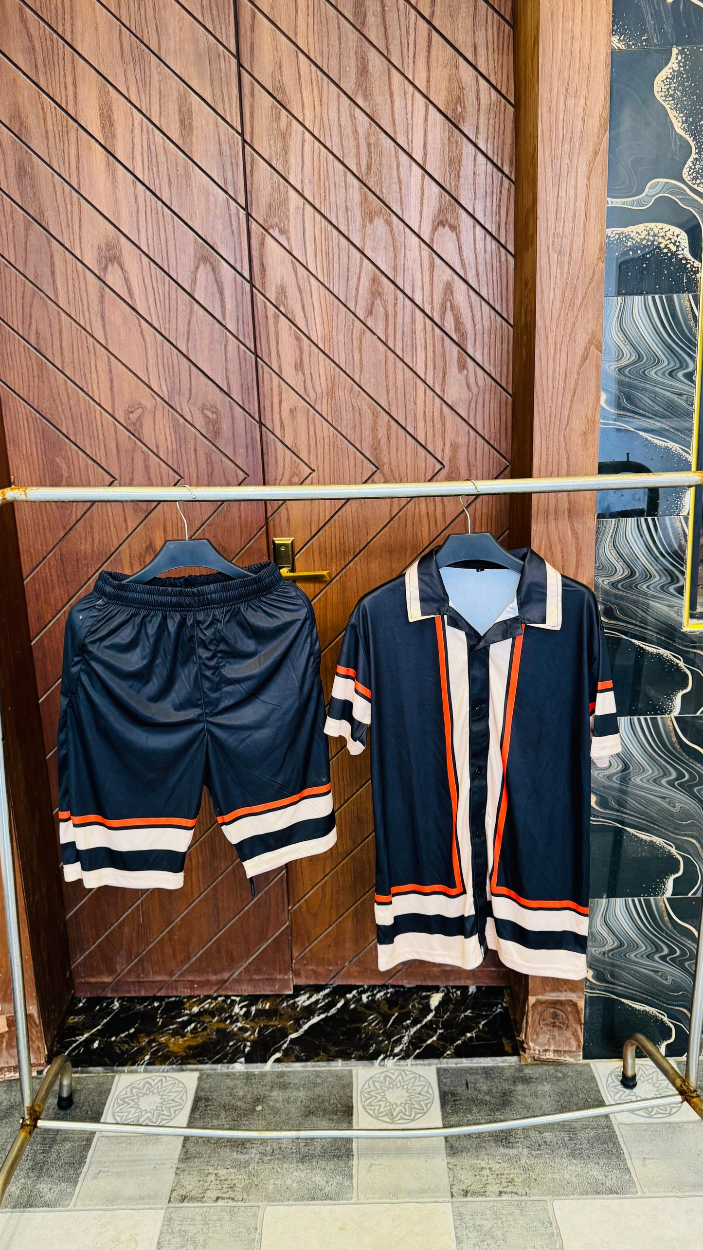 Black Stripe Printed Track Suit with shorts