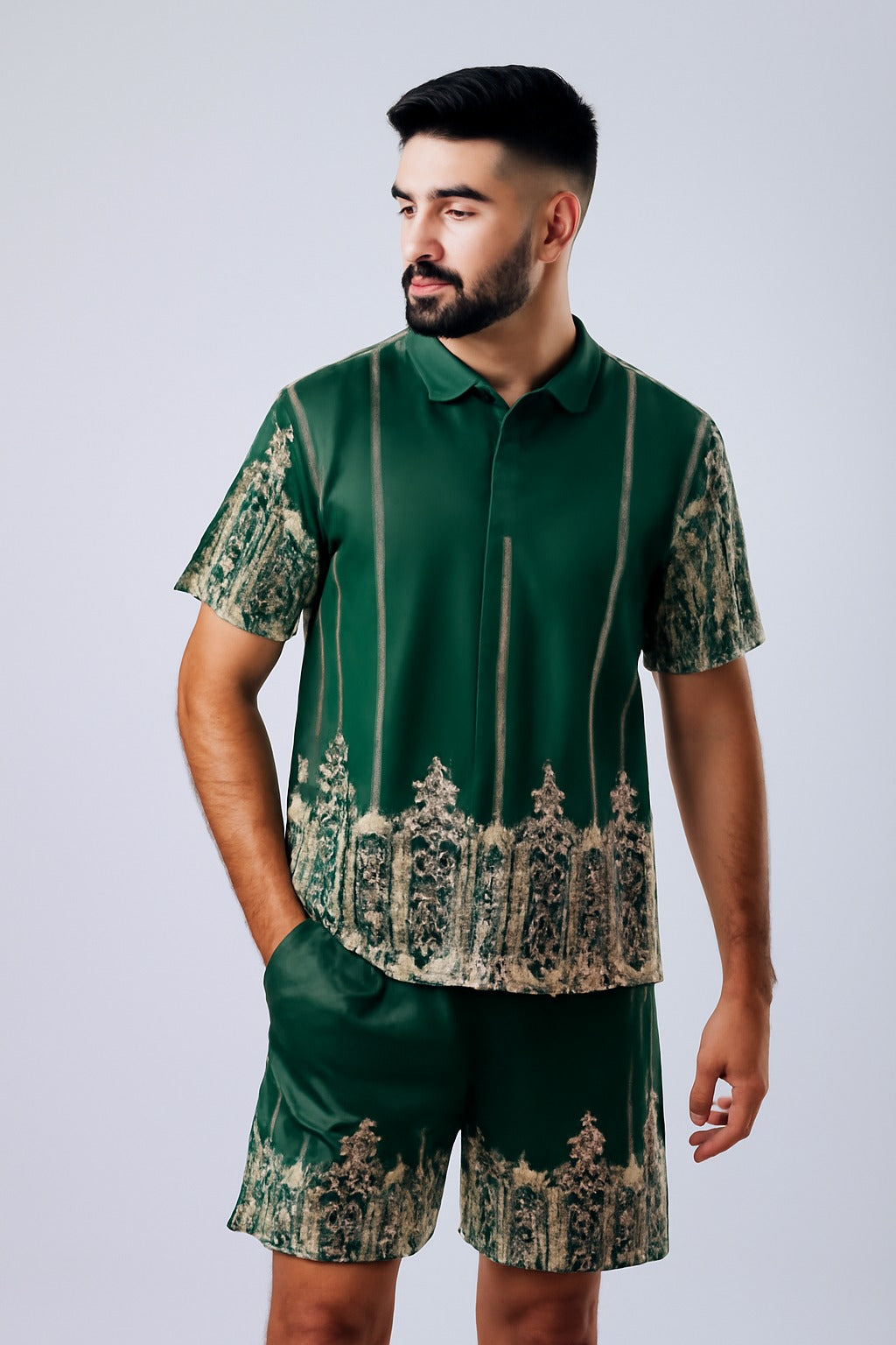 Green Arabic Printed Track Suit with shorts