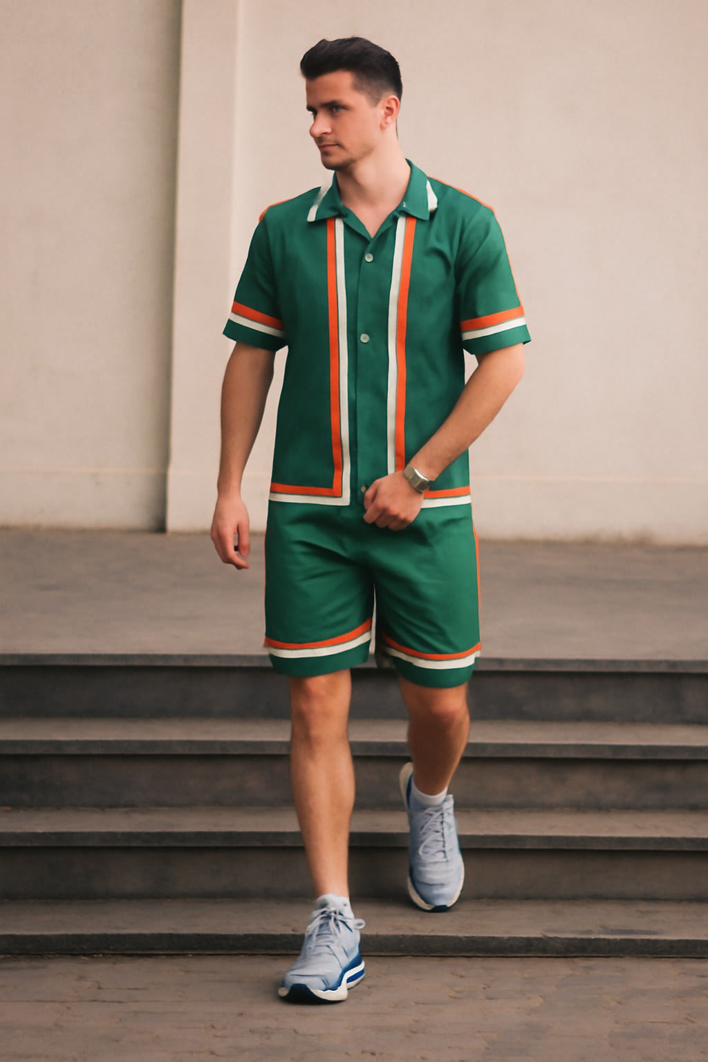Green Stripe Printed Track Suit with shorts