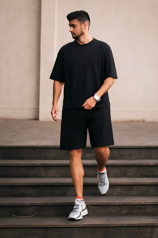 Premium Cotton Interlock Black Track Suit with Shorts
