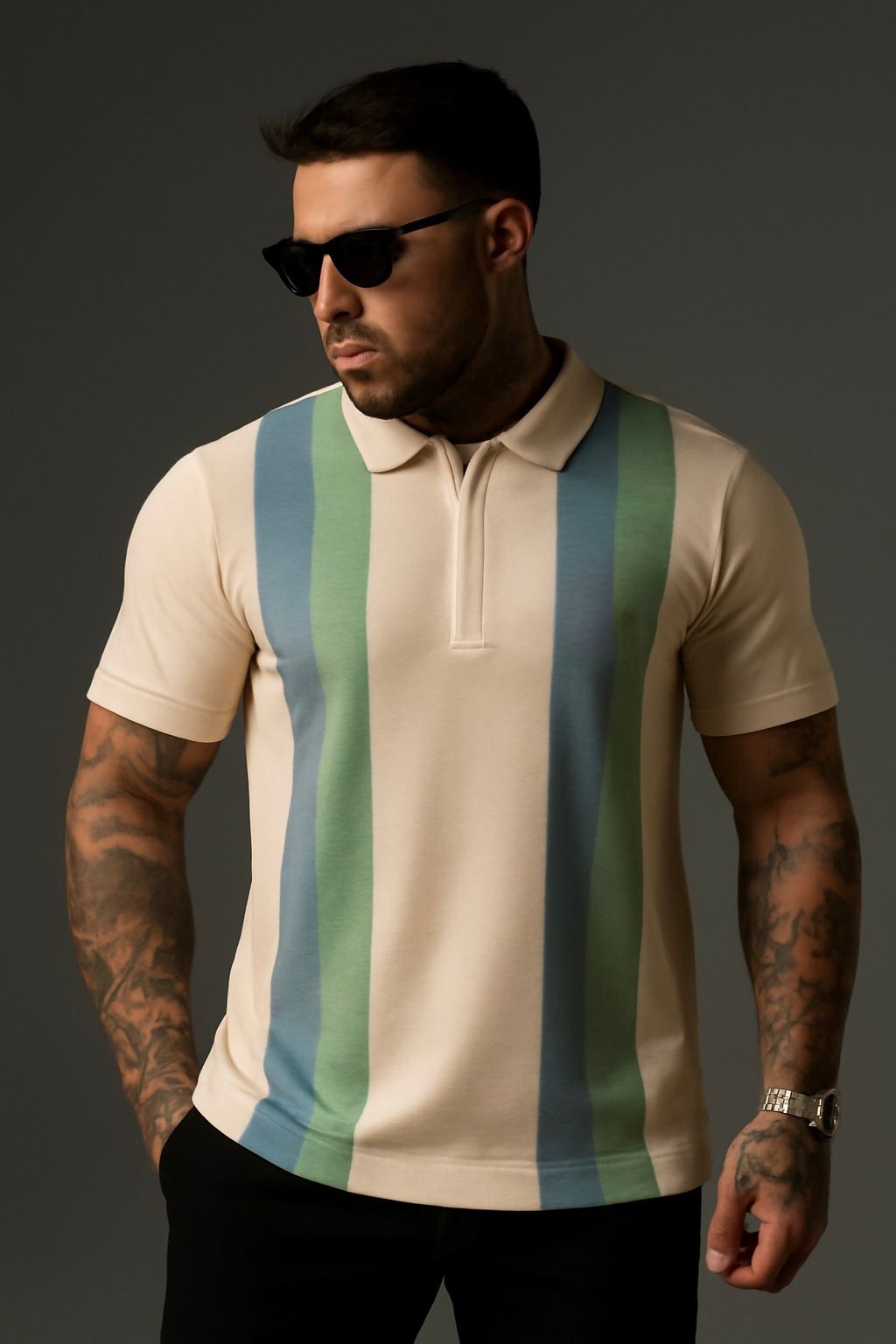 Beige Polo with Bold Vertical Stripes