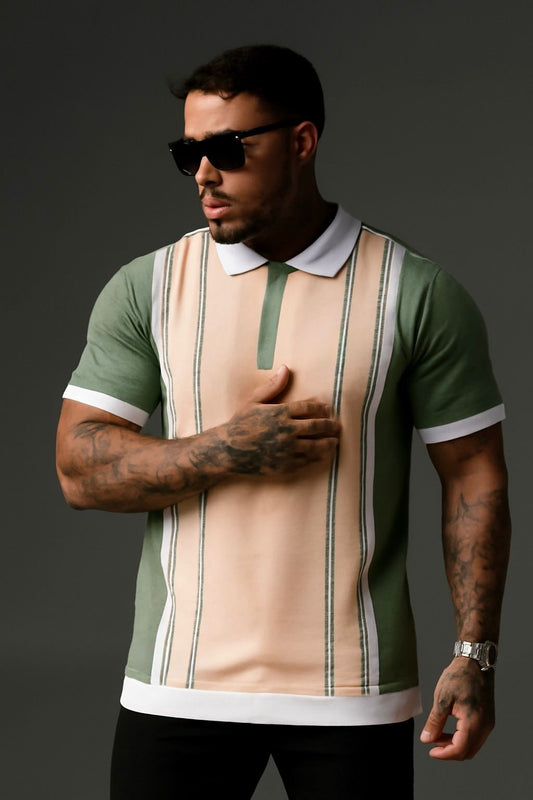 Beige Zipper Polo with Vertical Stripe
