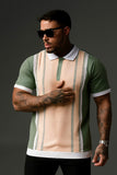 Beige Zipper Polo with Vertical Stripe