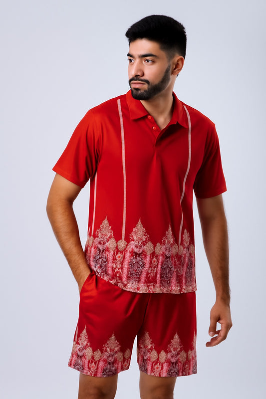 Redish Arabic Printed Tracksuit with Shorts