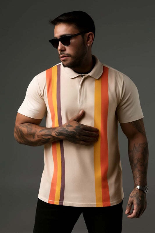 White Polo with Bold Vertical Stripes