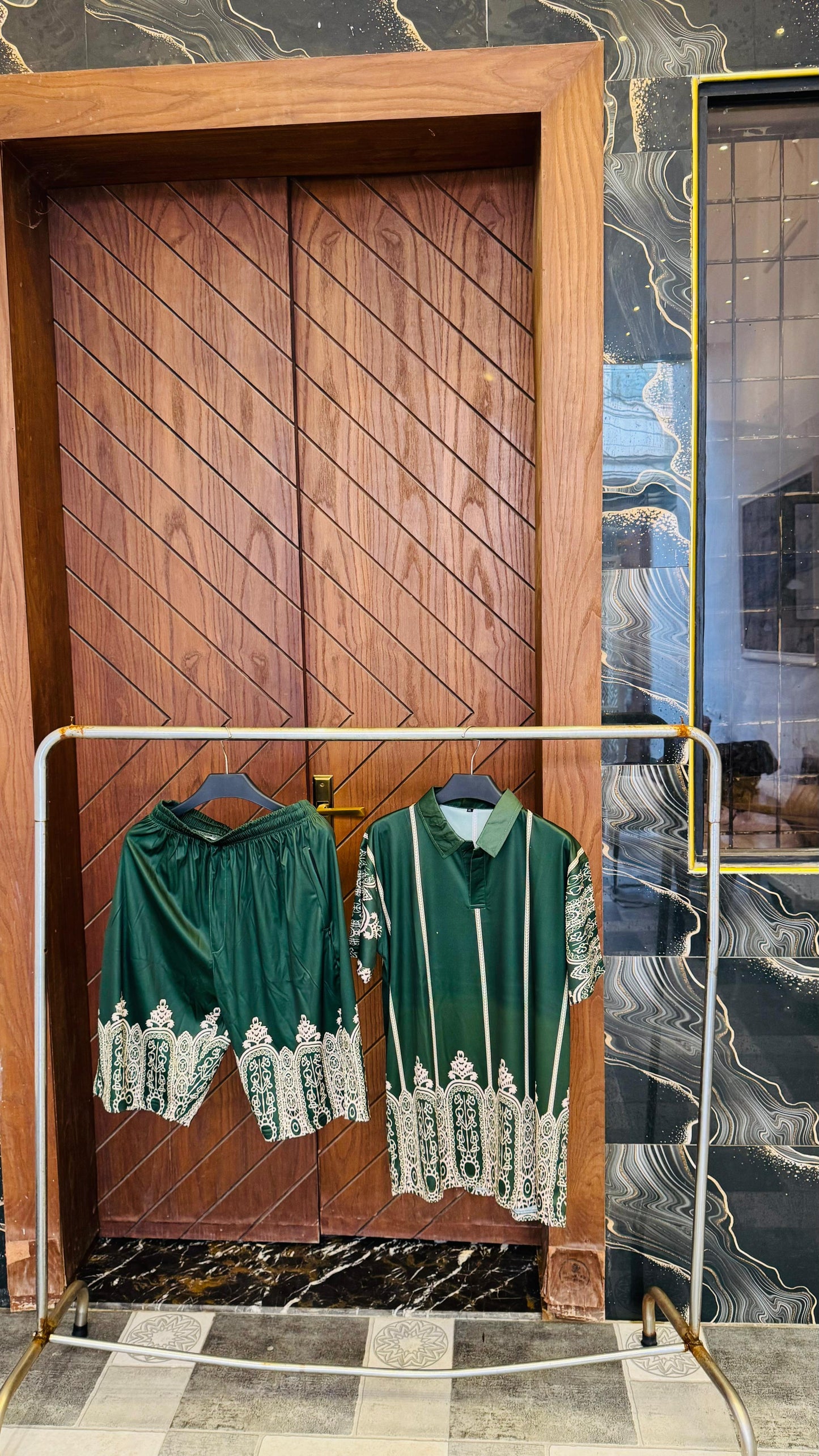 Green Arabic Printed Track Suit with shorts