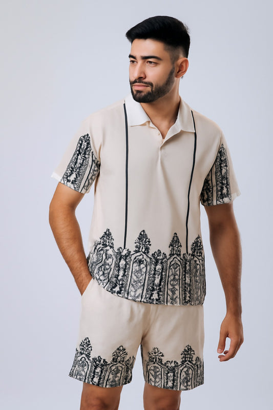 Beige Arabic Printed Track Suit with sorts
