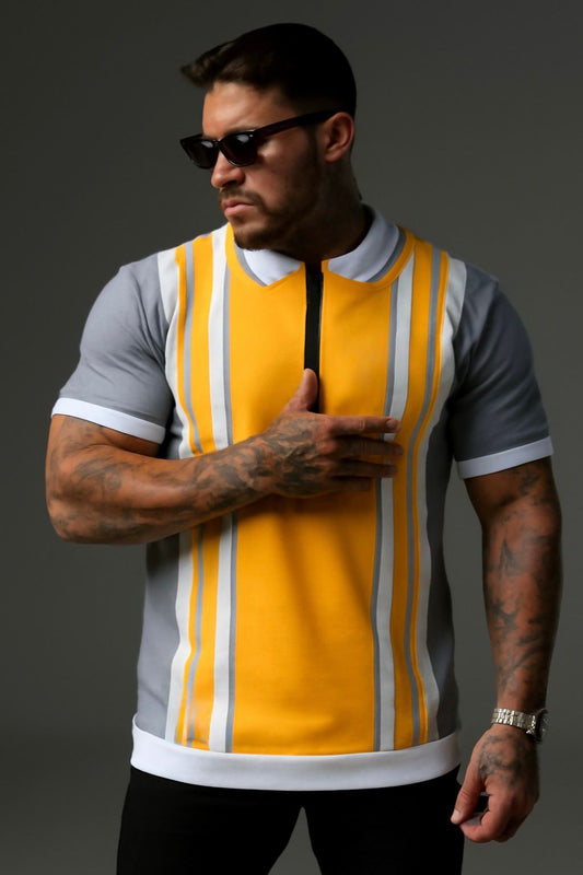 Yellow Zipper Polo with Vertical Stripe