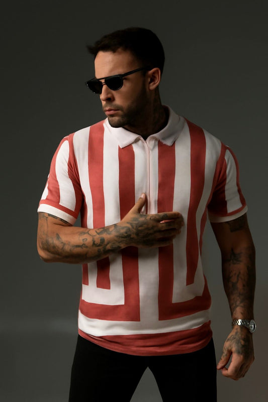 Bold Redish Brown Stripe Polo Shirt