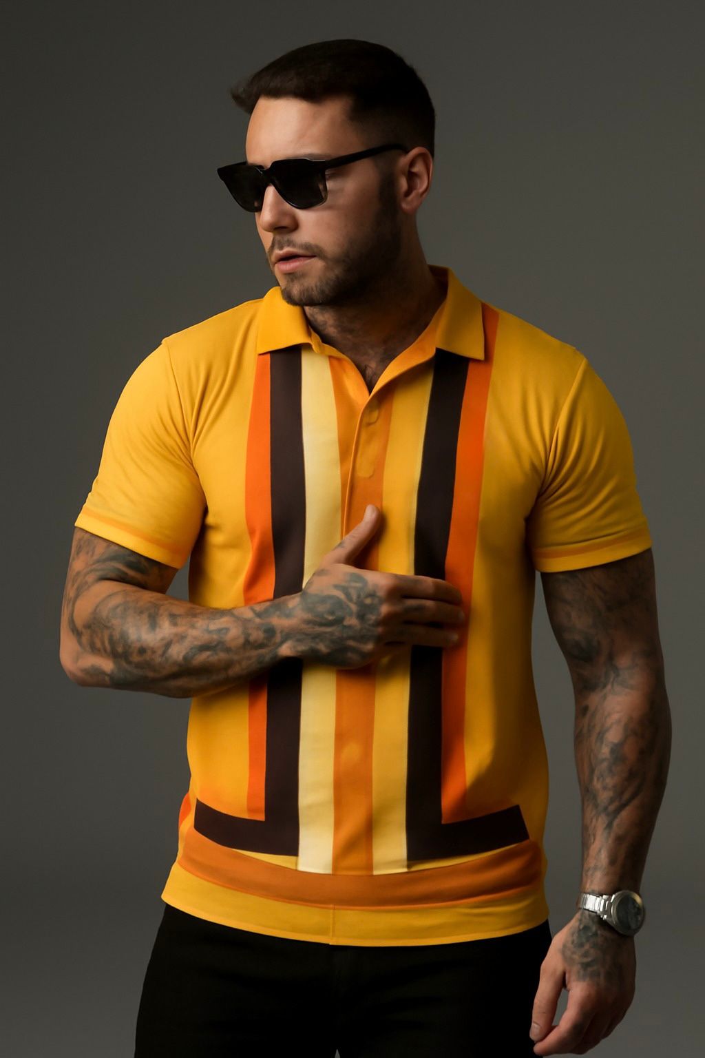 Camel Geometric Stripes Polo Shirt