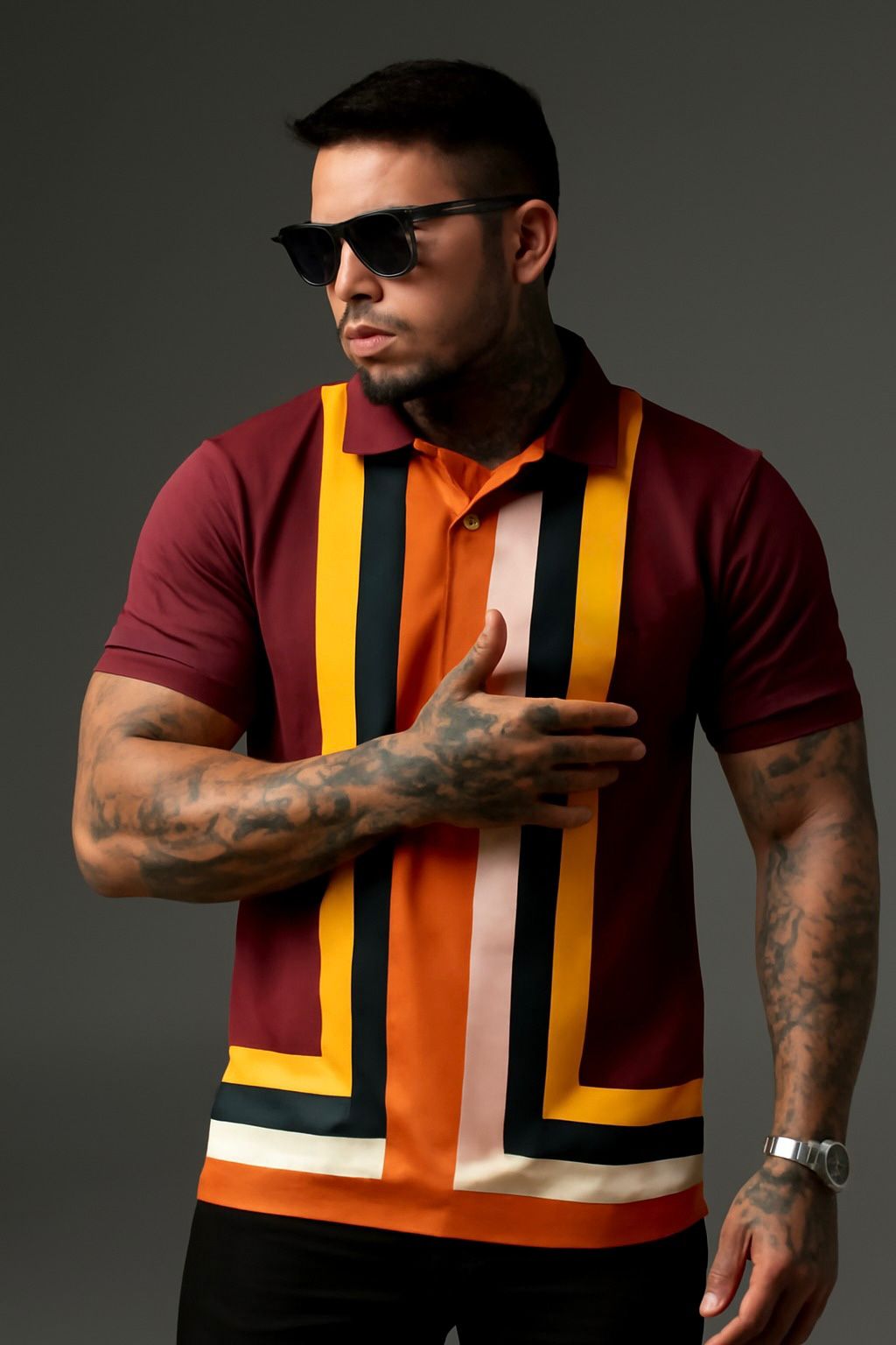 Dark Brown Geometric Stripes Polo Shirt