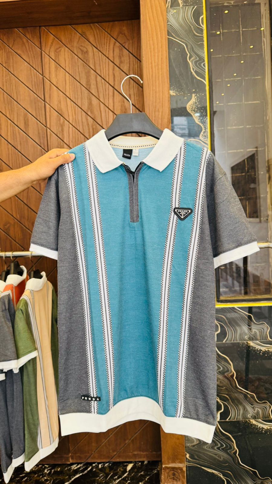 Blue Zipper Polo with Vertical Stripe