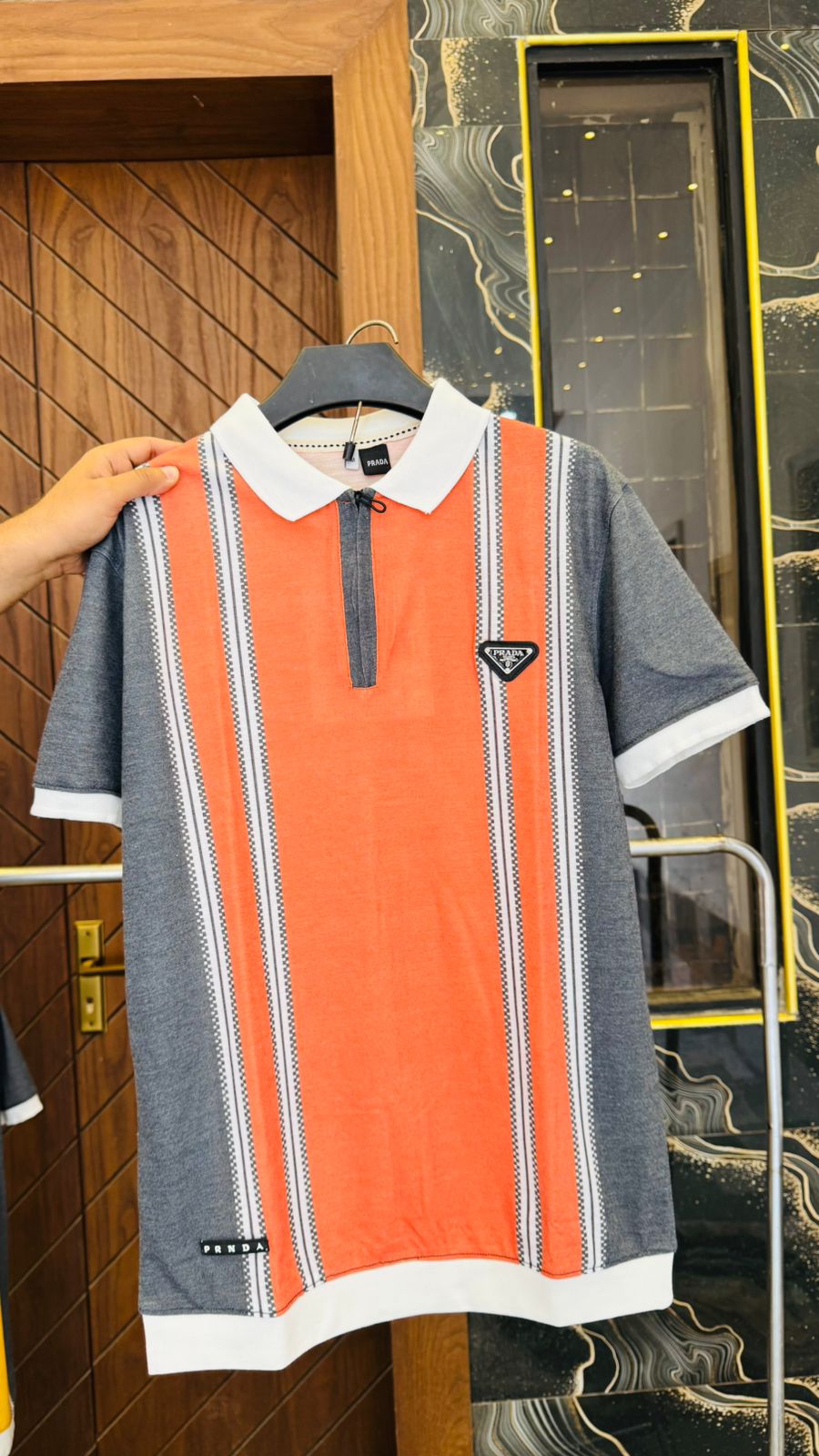 Orange Zipper Polo with Vertical Stripe