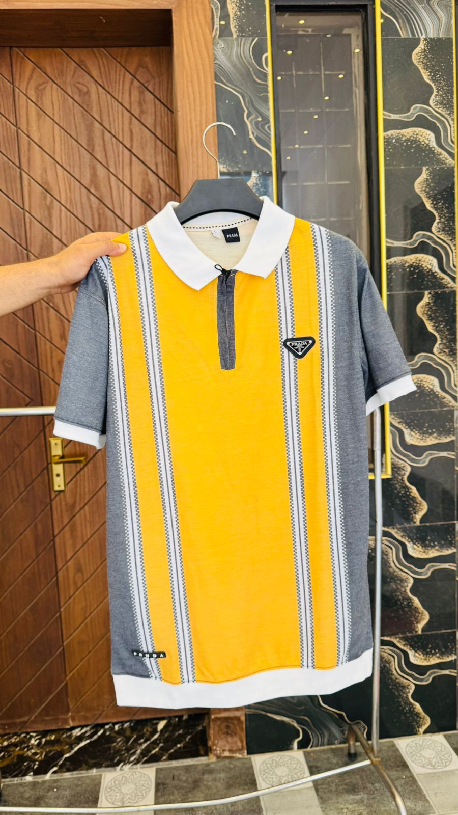 Yellow Zipper Polo with Vertical Stripe