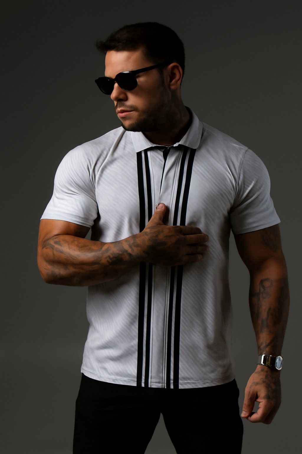 Silver Gray Striped Polo with Fendi Logo