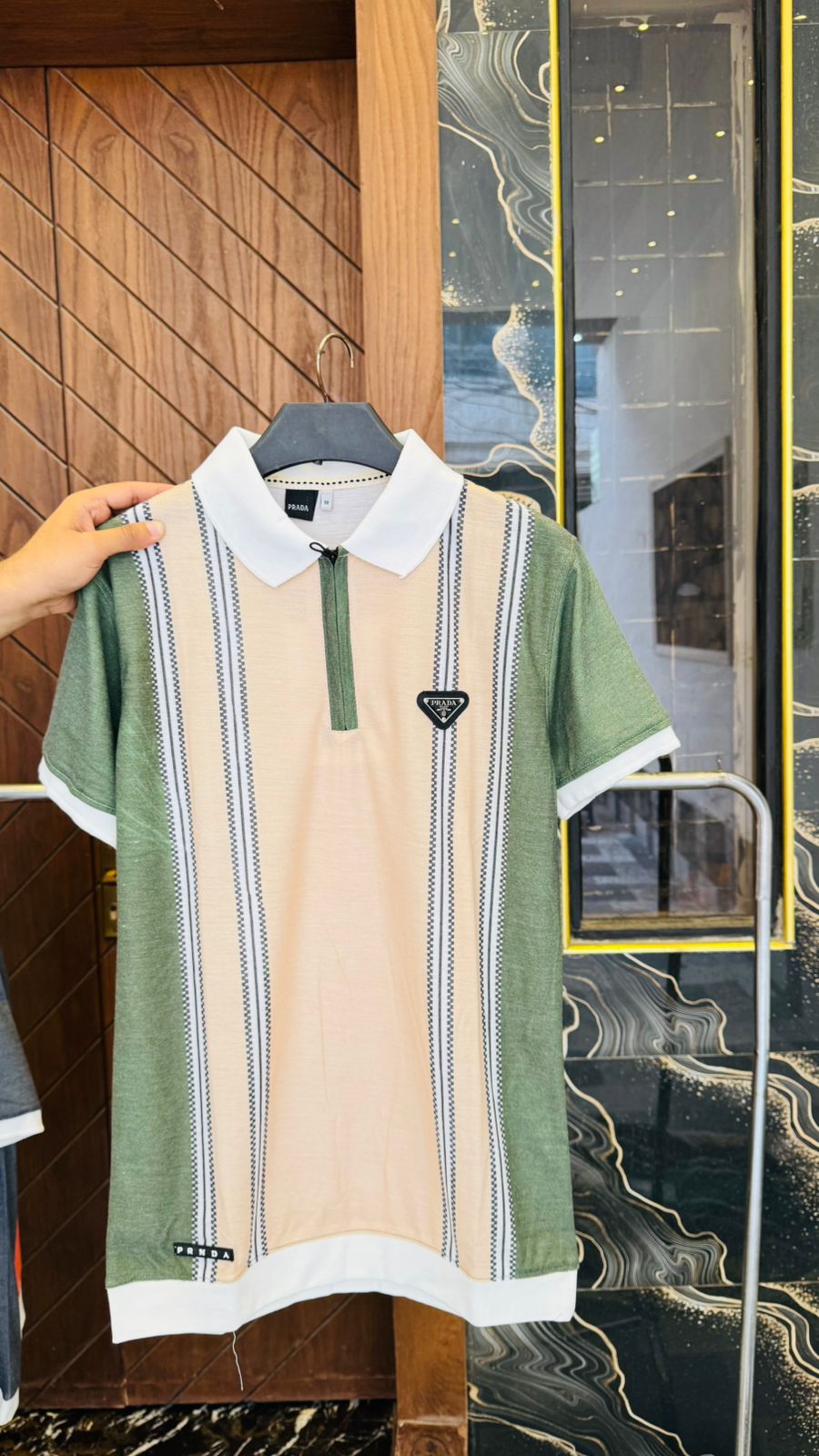 Beige Zipper Polo with Vertical Stripe
