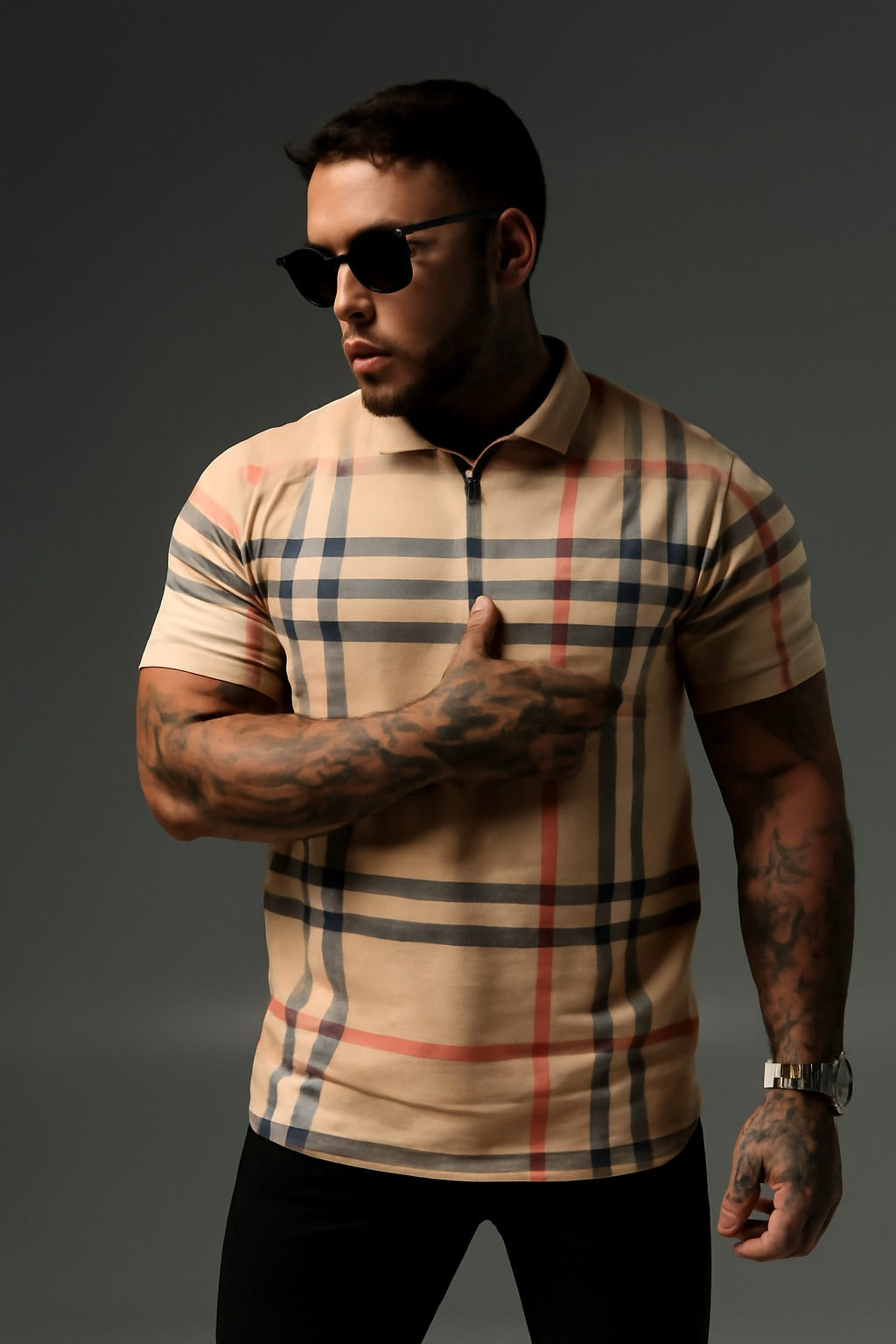 Beige Modern Checkered Pattern Polo Shirt