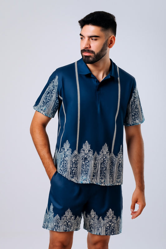 Blue Arabic Printed Track Suit with shorts