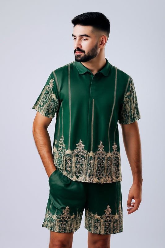 Green Arabic Printed Track Suit with shorts