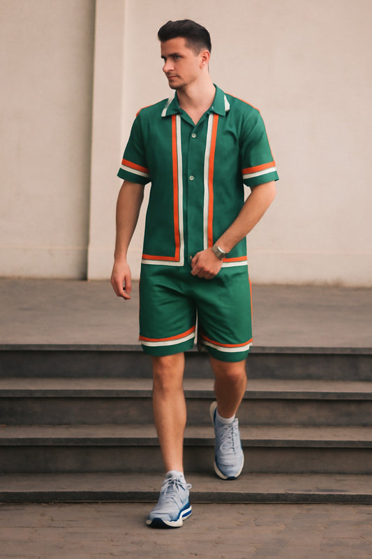 Green Stripe Printed Track Suit with shorts