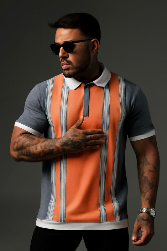 Orange Zipper Polo with Vertical Stripe