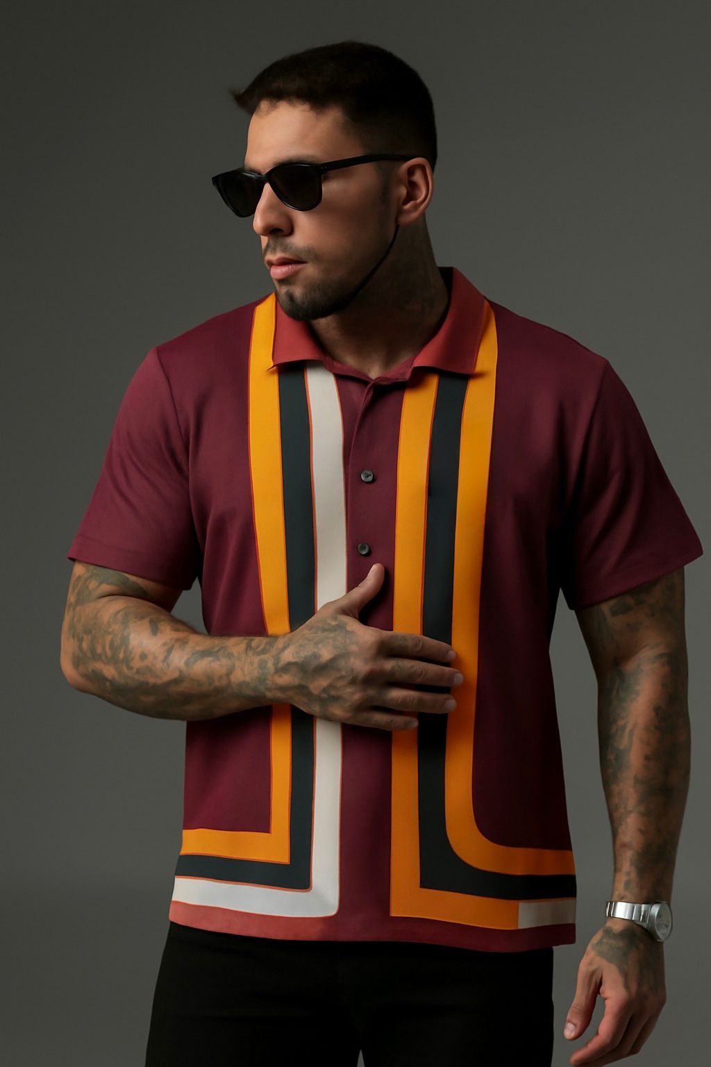 Redish Brown Geometric Stripes Polo Shirt