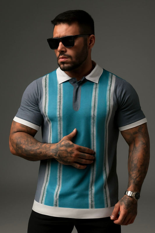 Blue Zipper Polo with Vertical Stripe