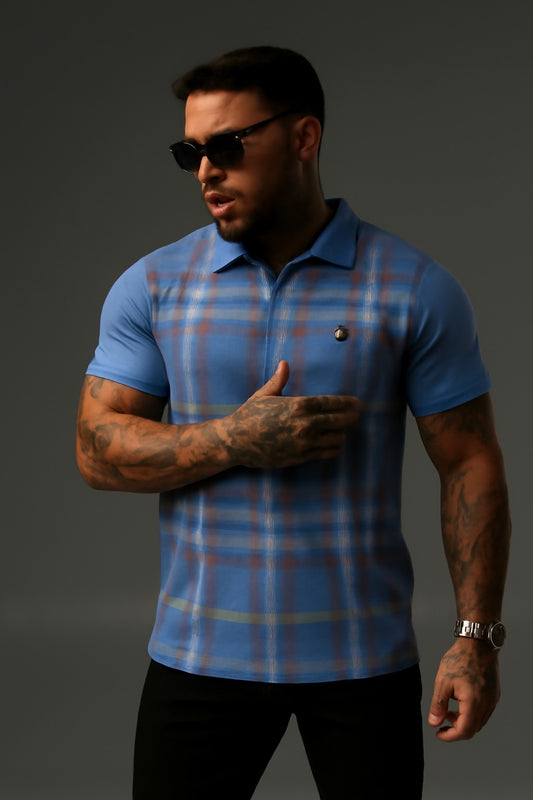 Blue Modern Checkered Pattern Polo Shirt